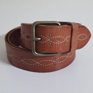 Old Navy Brown Genuine Leather Belt Sz L Mens Unisex Brass Buckle Western Casual